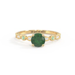 Round Gemstone Ring With Milgrain & Accents in 18K Gold Plated Silver with Emerald and White Premium Zirconia