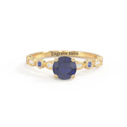 Round Gemstone Ring With Milgrain & Accents in 18K Gold Plated Silver with Blue Sapphire and White Premium Zirconia