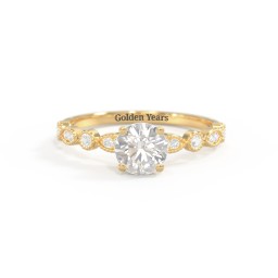Round Gemstone Ring With Milgrain & Accents in 18K Gold Plated Silver with Cubic Zirconia and White Premium Zirconia