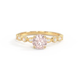Round Gemstone Ring With Milgrain & Accents in 18K Gold Plated Silver with Morganite, Opal, and White Premium Zirconia