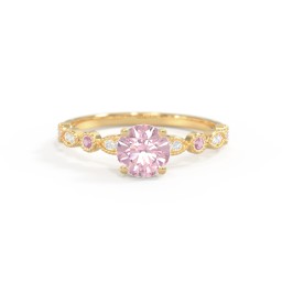 Round Gemstone Ring With Milgrain & Accents in 18K Gold Plated Silver with Fancy Pink Premium Zirconia, Pink Tourmaline, and White Premium Zirconia