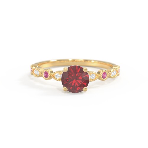 Round Gemstone Ring With Milgrain & Accents – 18K Gold Plated Silver with Red Premium Zirconia, Ruby, and White Premium Zirconia