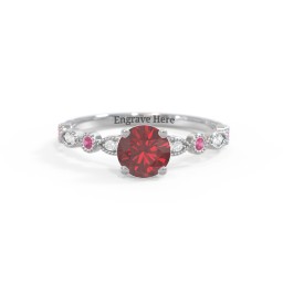 Round Gemstone Ring With Milgrain & Accents in 925 Sterling Silver with Red Premium Zirconia, Ruby, and White Premium Zirconia