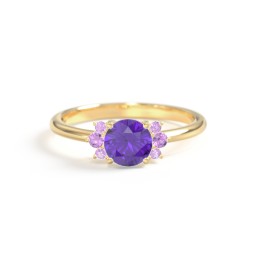 Round Gemstone Ring With Clustered Side Stones in 10K Solid Yellow Gold with Amethyst Premium Zirconia and Amethyst