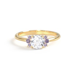 Round Gemstone Ring With Clustered Side Stones in 10K Solid Yellow Gold with White Premium Zirconia and Alexandrite