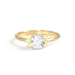 Round Gemstone Ring With Clustered Side Stones in 10K Solid Yellow Gold with White Premium Zirconia and Citrine