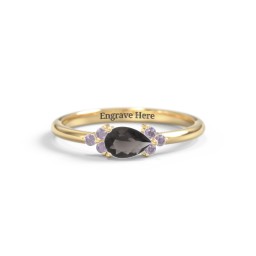 East-West Pear Gemstone Ring With Triple Side Stones in 18K Gold Plated Silver with Smokey Quartz and Alexandrite