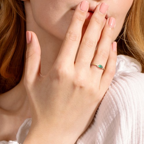 East-West Pear Gemstone Ring With Triple Side Stones – 18K Gold Plated Silver with Ruby