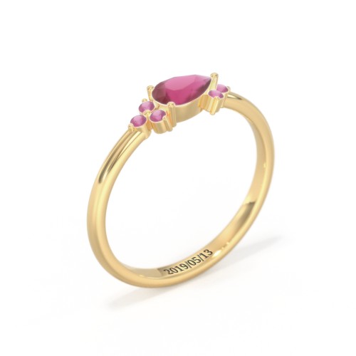 East-West Pear Gemstone Ring With Triple Side Stones – 18K Gold Plated Silver with Ruby