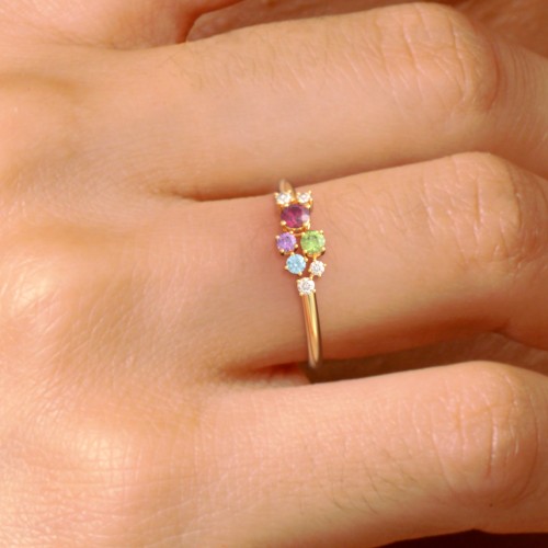 4-Stone Cluster Ring with Accent Stones – Sterling Silver with Ruby, Aquamarine, Cubic Zirconia, and Pink Tourmaline