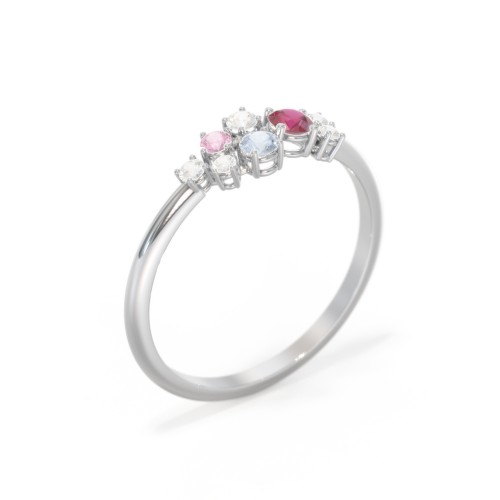 4-Stone Cluster Ring with Accent Stones – 10K White Gold with Ruby, Aquamarine, Cubic Zirconia, and Pink Tourmaline