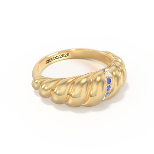 Thin Croissant Dome Ring with Gemstones – Vermeil with Blue Sapphire and Cubic Zirconia