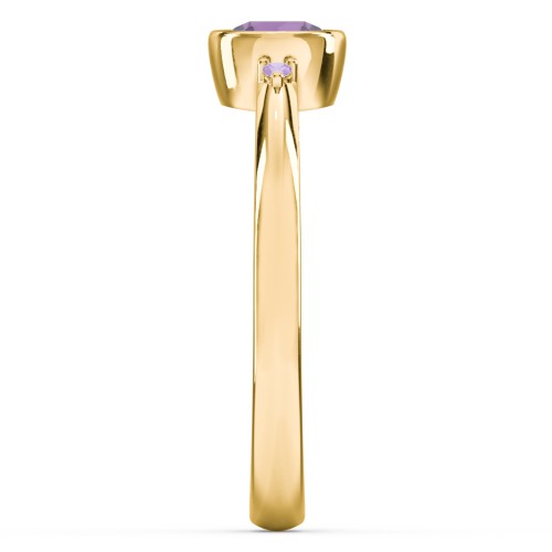 Round Bezel Solitaire with Twin Accents Ring – 18K Gold Plated Silver with Amethyst and Amethyst Premium Zirconia