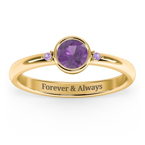 Round Bezel Solitaire with Twin Accents Ring – 18K Gold Plated Silver with Amethyst and Amethyst Premium Zirconia