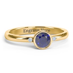 Round Bezel Solitaire with Twin Accents Ring in 18K Gold Plated Silver with Blue Sapphire, Fancy Blue Premium Zirconia, and White Premium Zirconia