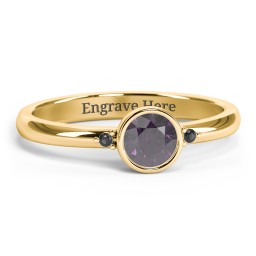 Round Bezel Solitaire with Twin Accents Ring in 18K Gold Plated Silver with Alexandrite, Black Premium Zirconia, and White Premium Zirconia