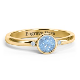 Round Bezel Solitaire with Twin Accents Ring in 18K Gold Plated Silver with Blue Topaz, Fancy Blue Premium Zirconia, and White Premium Zirconia