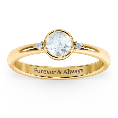 Round Bezel Solitaire with Twin Accents Ring – 18K Gold Plated Silver with Aquamarine and Fancy Blue Premium Zirconia