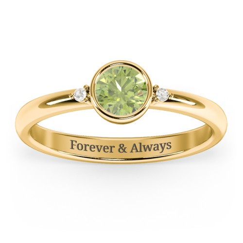 Round Bezel Solitaire with Twin Accents Ring – 18K Gold Plated Silver with Peridot and Fancy Yellow Premium Zirconia