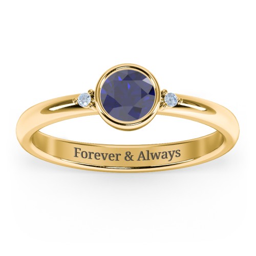 Round Bezel Solitaire with Twin Accents Ring – 18K Gold Plated Silver with Blue Sapphire and Fancy Blue Premium Zirconia