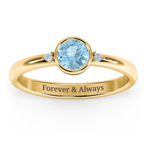 Round Bezel Solitaire with Twin Accents Ring – 18K Gold Plated Silver with Blue Topaz and Fancy Blue Premium Zirconia