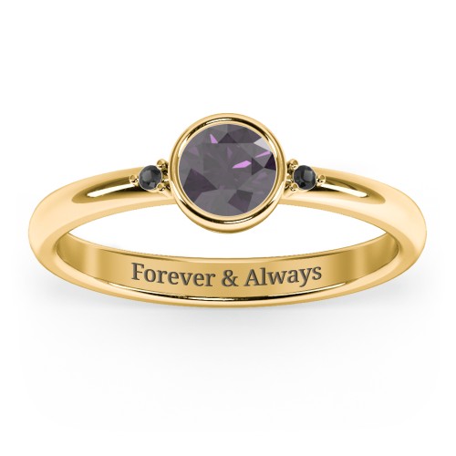 Round Bezel Solitaire with Twin Accents Ring – 18K Gold Plated Silver with Alexandrite and Black Premium Zirconia