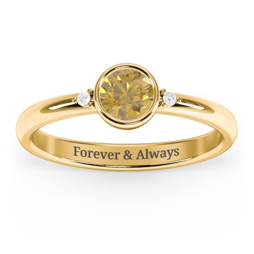 Round Bezel Solitaire with Twin Accents Ring – 18K Gold Plated Silver with Citrine and White Premium Zirconia