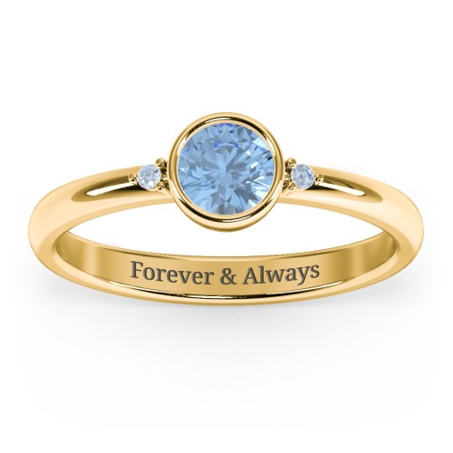 Round Bezel Solitaire with Twin Accents Ring – 18K Gold Plated Silver with Blue Topaz and Fancy Blue Premium Zirconia
