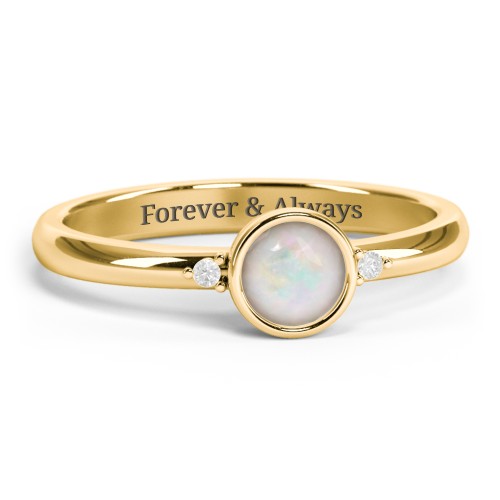 Round Bezel Solitaire with Twin Accents Ring – 18K Gold Plated Silver with Opal and White Premium Zirconia