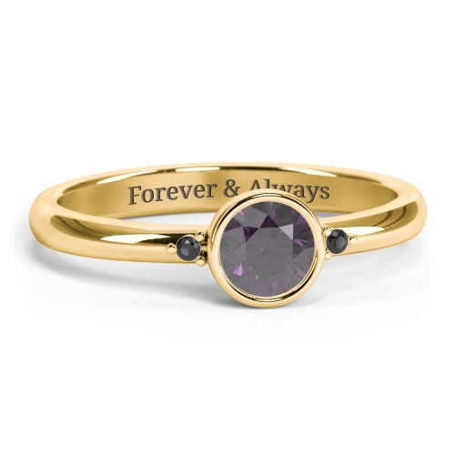 Round Bezel Solitaire with Twin Accents Ring – 18K Gold Plated Silver with Alexandrite and Black Premium Zirconia