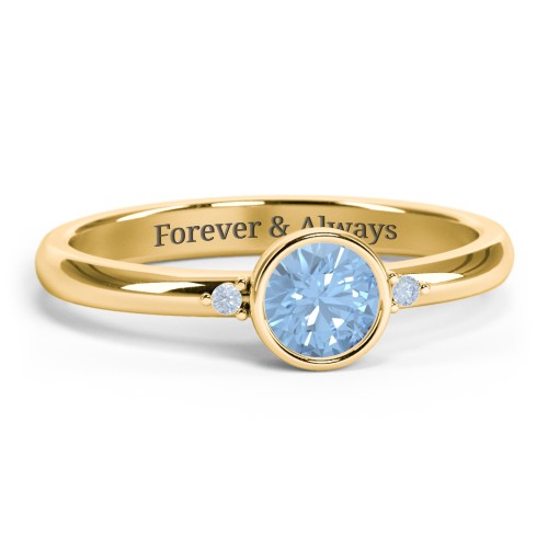 Round Bezel Solitaire with Twin Accents Ring – 18K Gold Plated Silver with Blue Topaz and Fancy Blue Premium Zirconia