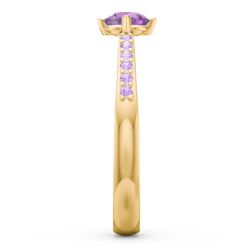 Centre Round Stone Ring with Twin Accent Rows – 18K Gold Plated Silver with Amethyst and Amethyst Premium Zirconia