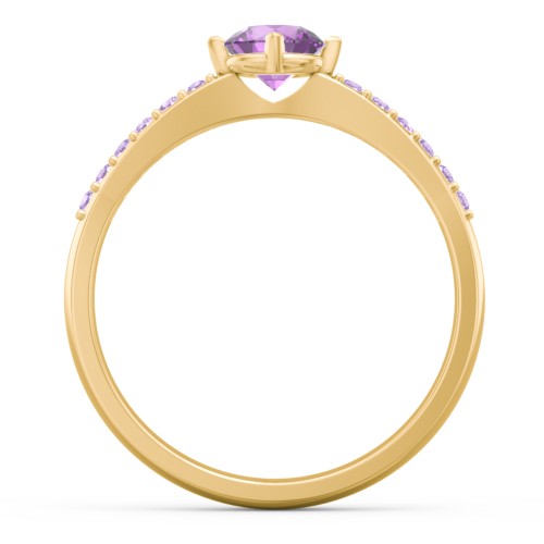 Centre Round Stone Ring with Twin Accent Rows – 18K Gold Plated Silver with Amethyst and Amethyst Premium Zirconia