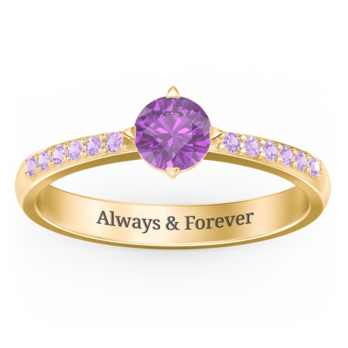 Centre Round Stone Ring with Twin Accent Rows – 18K Gold Plated Silver with Amethyst and Amethyst Premium Zirconia