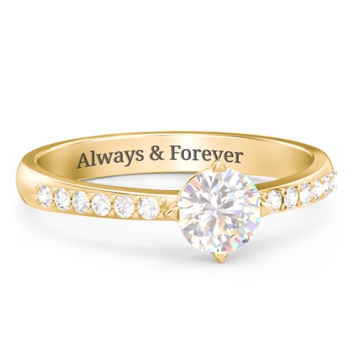 Centre Round Stone Ring with Twin Accent Rows – 10K Yellow Gold with Cubic Zirconia and White Premium Zirconia