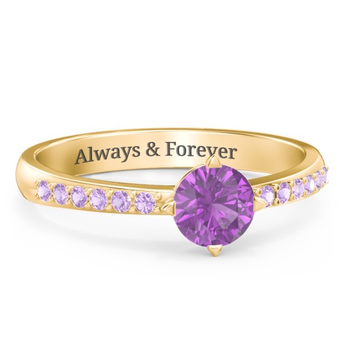 Centre Round Stone Ring with Twin Accent Rows – 18K Gold Plated Silver with Amethyst and Amethyst Premium Zirconia