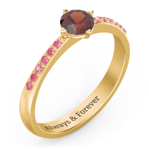 Centre Round Stone Ring with Twin Accent Rows – 18K Gold Plated Silver with Garnet and Red Premium Zirconia