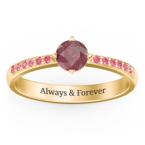 Centre Round Stone Ring with Twin Accent Rows – 18K Gold Plated Silver with Ruby and Red Premium Zirconia