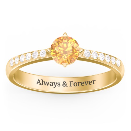 Centre Round Stone Ring with Twin Accent Rows – 18K Gold Plated Silver with Citrine and White Premium Zirconia