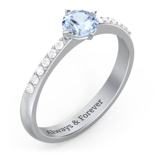 Centre Round Stone Ring with Twin Accent Rows – Sterling Silver with Aquamarine and White Premium Zirconia