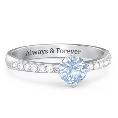 Centre Round Stone Ring with Twin Accent Rows – Sterling Silver with Aquamarine and White Premium Zirconia