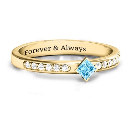 Princess Centre Stone Ring with Twin Accent Rows – 10K Yellow Gold with Blue Topaz and White Premium Zirconia
