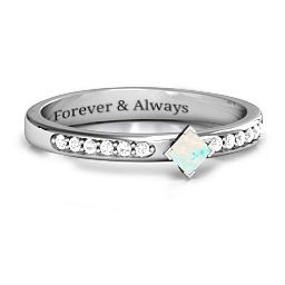 Princess Centre Stone Ring with Twin Accent Rows in 925 Sterling Silver with Opal and White Premium Zirconia