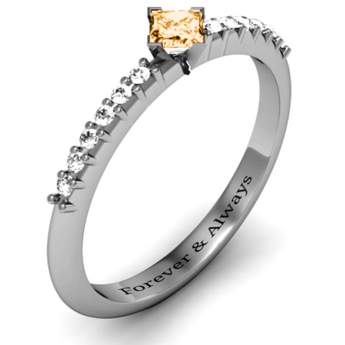 Princess Centre Stone Ring with Twin Accent Rows – Sterling Silver with Citrine and White Premium Zirconia