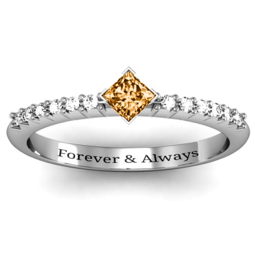 Princess Centre Stone Ring with Twin Accent Rows – Sterling Silver with Citrine and White Premium Zirconia