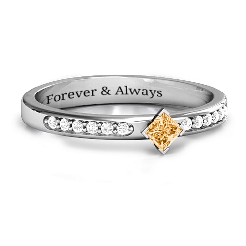 Princess Centre Stone Ring with Twin Accent Rows – Sterling Silver with Citrine and White Premium Zirconia