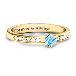 Princess Centre Stone Ring with Twin Accent Rows in 10K Solid Yellow Gold with Blue Topaz and White Premium Zirconia
