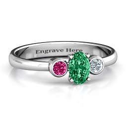 Oval Centre with Twin Bezel Rounds Ring in 925 Sterling Silver with Emerald, Ruby, and Cubic Zirconia