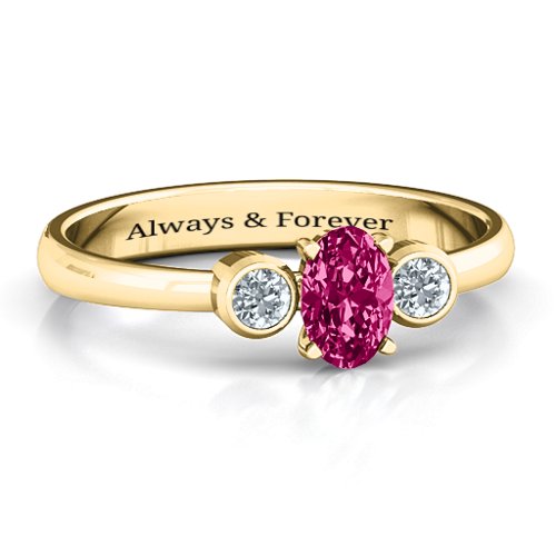Oval Centre with Twin Bezel Rounds Ring – 10K Yellow Gold with Ruby and Cubic Zirconia