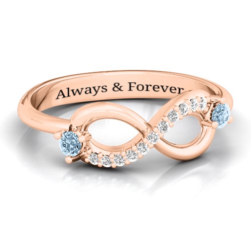 Double Stone Infinity Accent Ring – 10K Rose Gold with Aquamarine and White Premium Zirconia